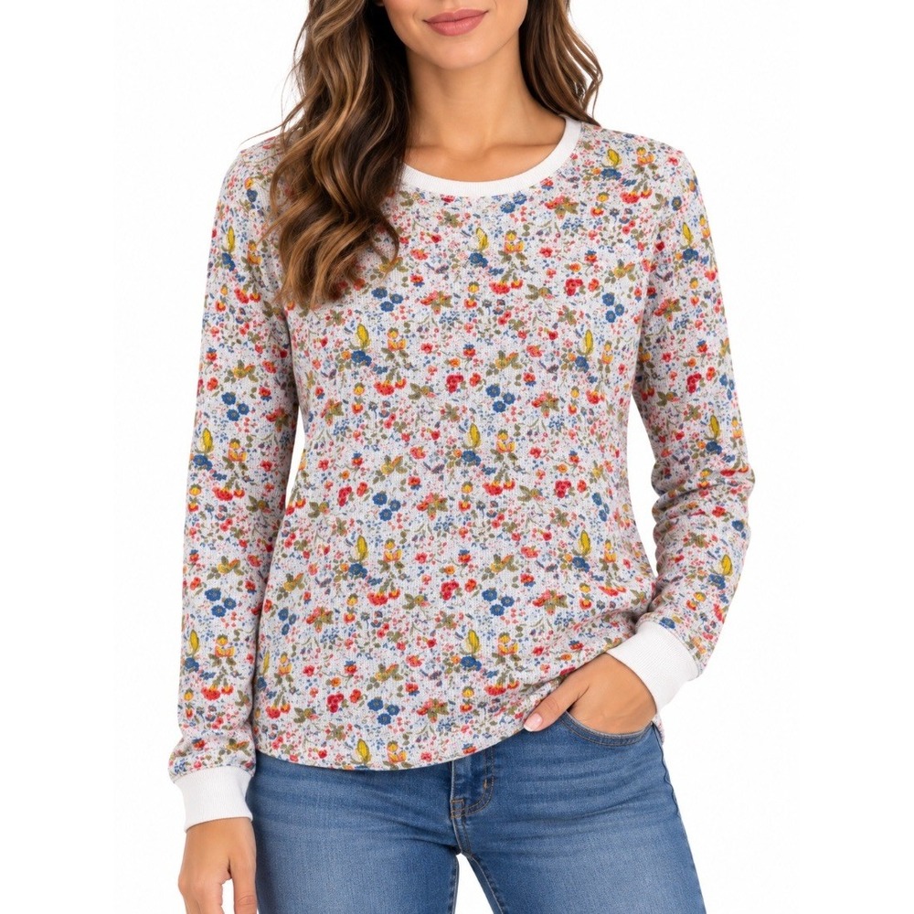 Style Co Womens Floral Thermal Waffle Knit Long Sleeve Top Shirt XL